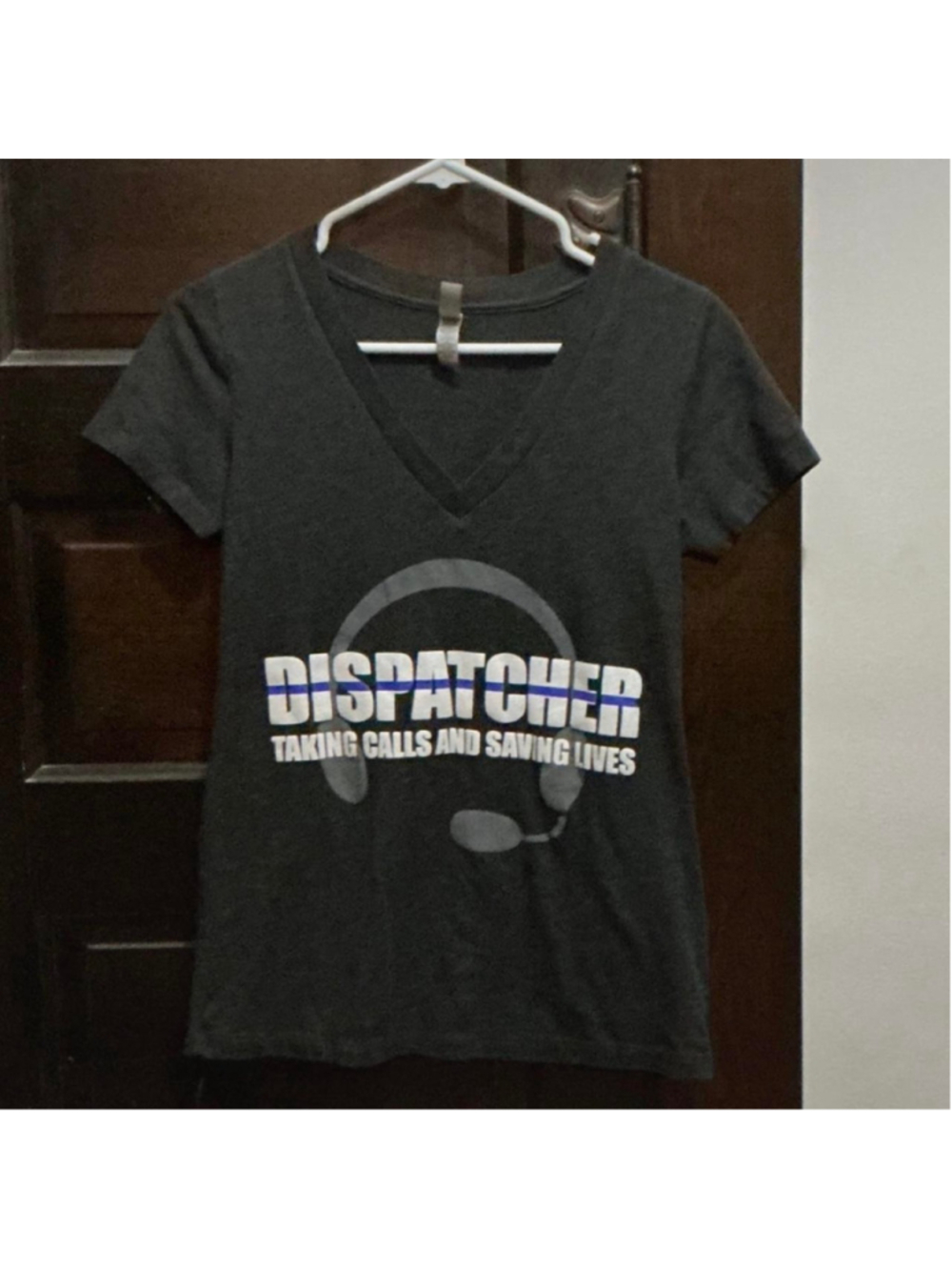 (432) Next Level gray & black v-neck t-shirt with white text reading 'DISPATCHER